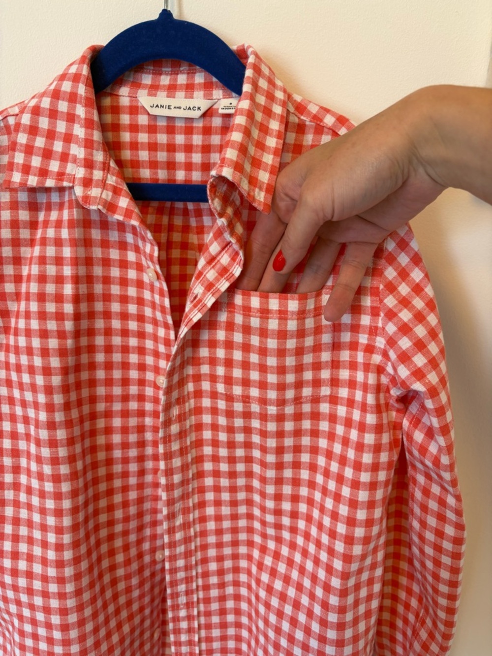 JANIE AND JACK Boys Gingham Button Down Long Sleeve Shirt Salmon/Pink Size 8 - Picture 3 of 11